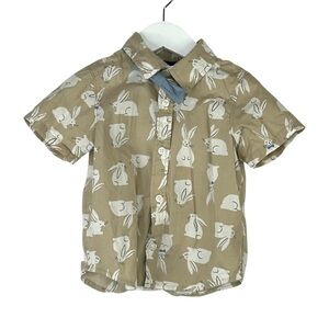 Old Navy Tan and White Bunny Print Easter Button Shirt Down with Bow Tie 2T